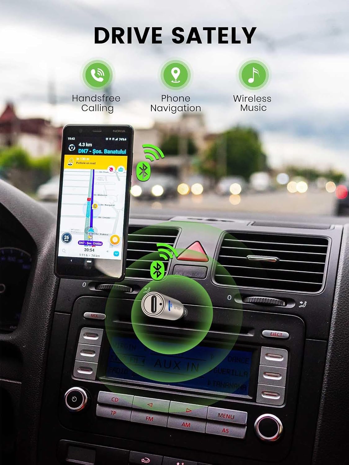 Adaptador auxiliar Bluetooth 5.3 para automóvil con micrófono mejorado, conector de 0.138 in para estéreo de coche, carga USB-C, funda resistente, 1 pieza
