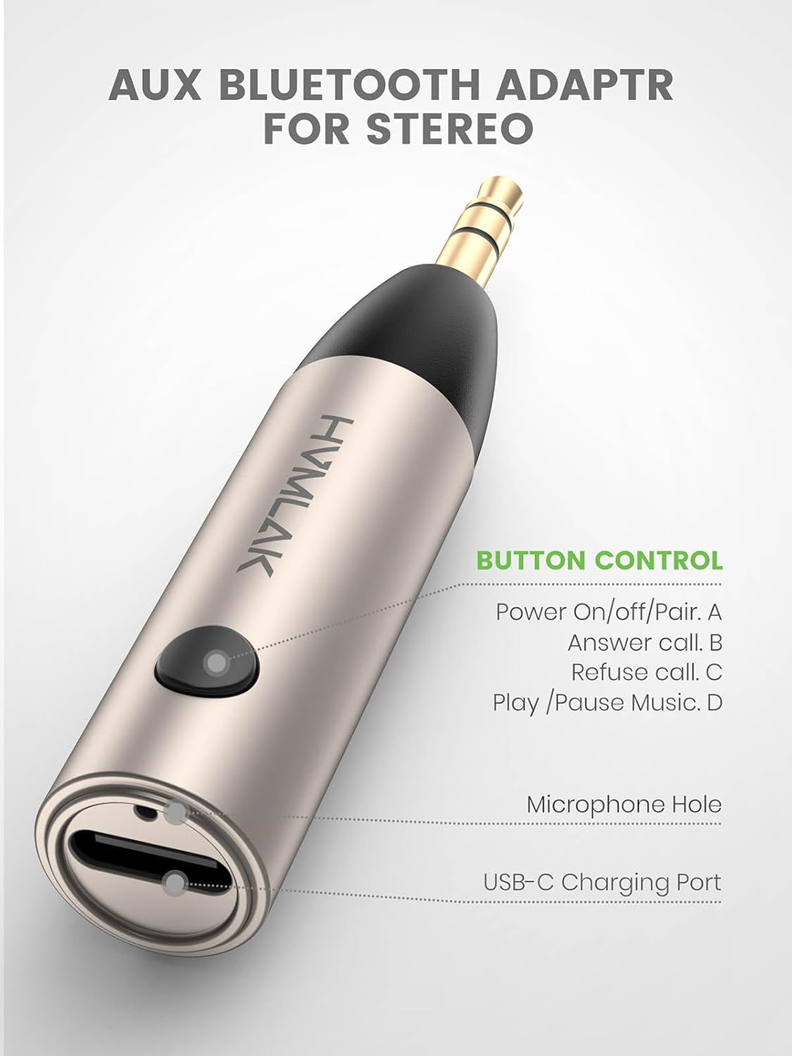 Adaptador auxiliar Bluetooth 5.3 para automóvil con micrófono mejorado, conector de 0.138 in para estéreo de coche, carga USB-C, funda resistente, 1 pieza