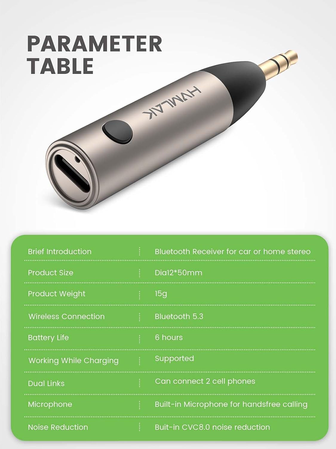 Adaptador auxiliar Bluetooth 5.3 para automóvil con micrófono mejorado, conector de 0.138 in para estéreo de coche, carga USB-C, funda resistente, 1 pieza
