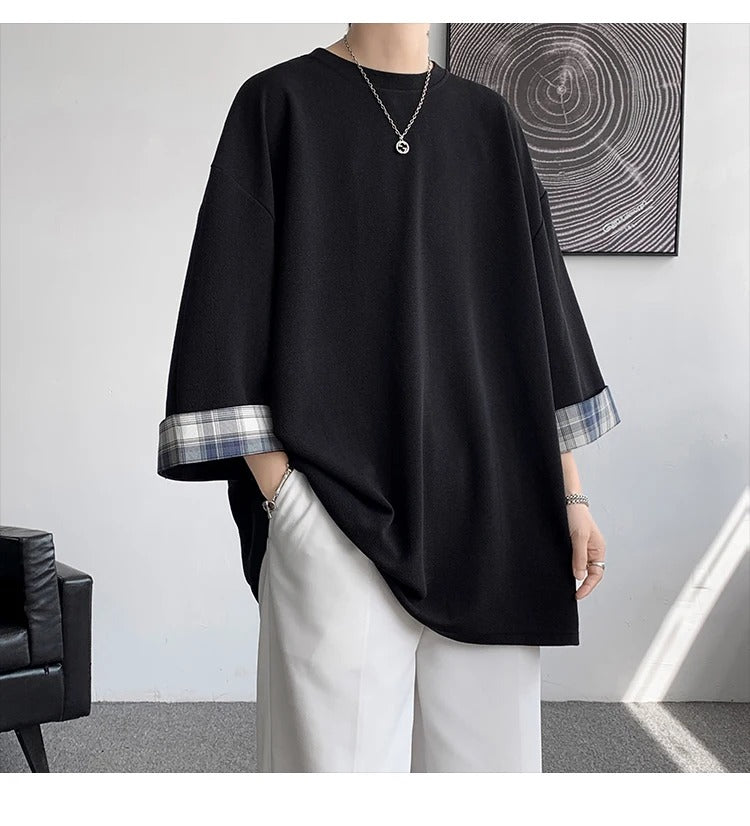 Summer Korean Style Oversized Plaid T-Shirt – Unisex 2XL Loose Fit Seven-Sleeve Casual Tee for Men and Women (White)