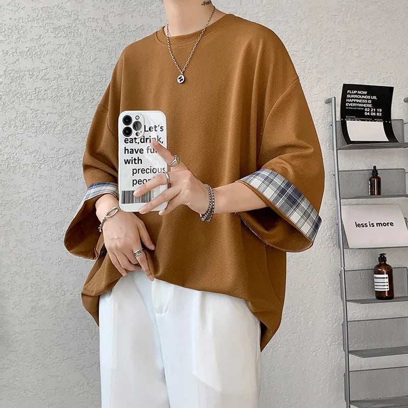 Summer Korean Style Oversized Plaid T-Shirt – Unisex 2XL Loose Fit Seven-Sleeve Casual Tee for Men and Women (White)