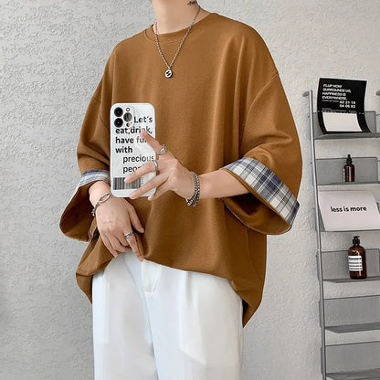 Summer Korean Style Oversized Plaid T-Shirt – Unisex 2XL Loose Fit Seven-Sleeve Casual Tee for Men and Women (White)