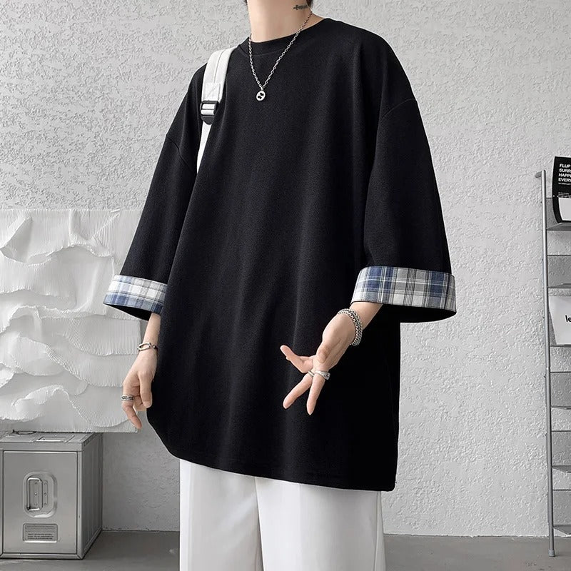 Summer Korean Style Oversized Plaid T-Shirt – Unisex 2XL Loose Fit Seven-Sleeve Casual Tee for Men and Women (White)