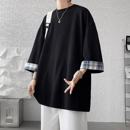 Summer Korean Style Oversized Plaid T-Shirt – Unisex 2XL Loose Fit Seven-Sleeve Casual Tee for Men and Women (White)