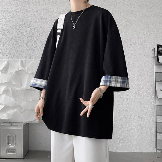 Summer Korean Style Oversized Plaid T-Shirt – Unisex 2XL Loose Fit Seven-Sleeve Casual Tee for Men and Women (White)