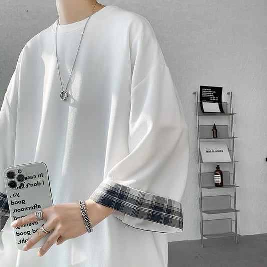 Summer Korean Style Oversized Plaid T-Shirt – Unisex 2XL Loose Fit Seven-Sleeve Casual Tee for Men and Women (White)