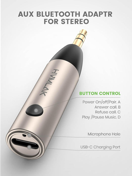 Adaptador auxiliar Bluetooth 5.3 para automóvil con micrófono mejorado, conector de 0.138 in para estéreo de coche, carga USB-C, funda resistente, 1 pieza